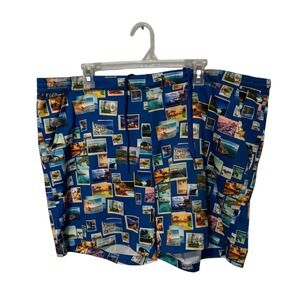 Robert Graham Swim Trunks Mens 2XL Blue Post Card Print AOP Lined Beach NWOT
